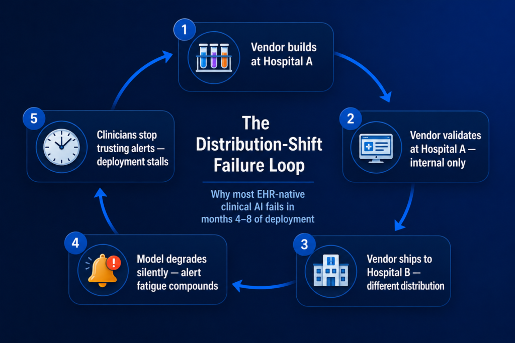 The Distribution-Shift Failure Loop — original framework by Brainy Neurals explaining why most EHR-native clinical AI degrades when deployed across multiple hospital sites