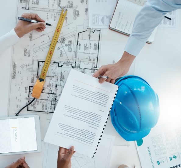 Architect collaboration, construction business and paperwork, meeting and strategy, planning for project. Teamwork, engineering and tablet to research and helmet, corporate branding and blue print.