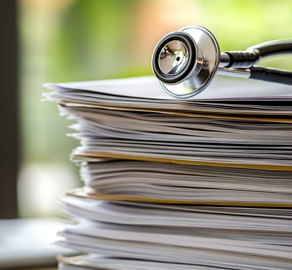 Close up of stethoscope resting on medical Files