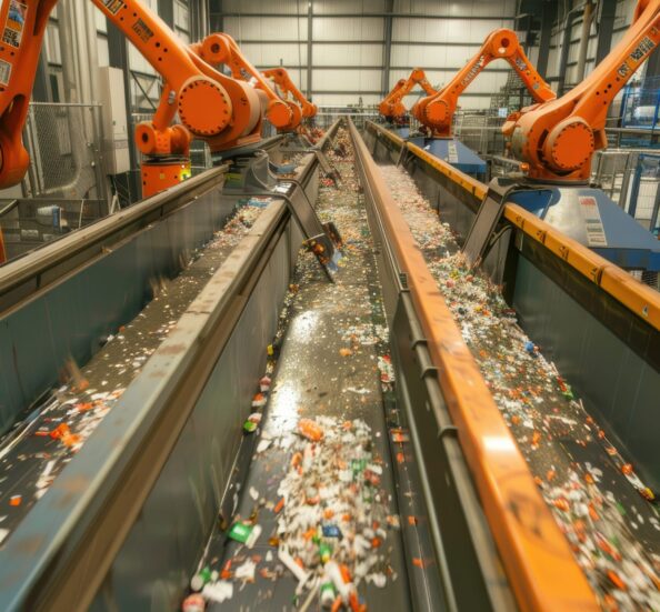 Advanced robotic arms sort and process paper products in a modern recycling facility, transforming used materials into eco-friendly products. engineers monitor the workflow, ensuring optimal efficiency and sustainability.